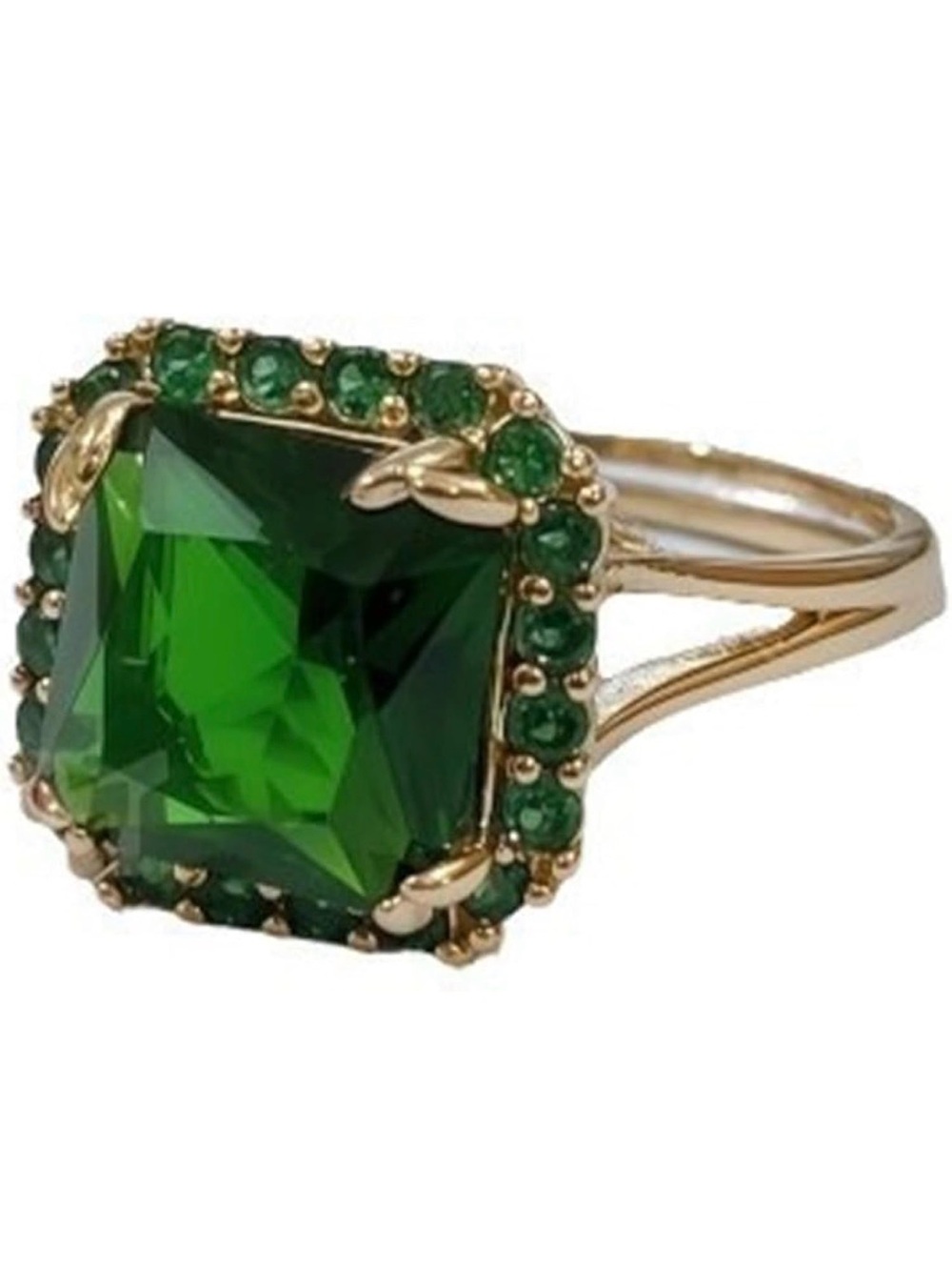 Green Square Halo Cocktail Ring - Gold Tone